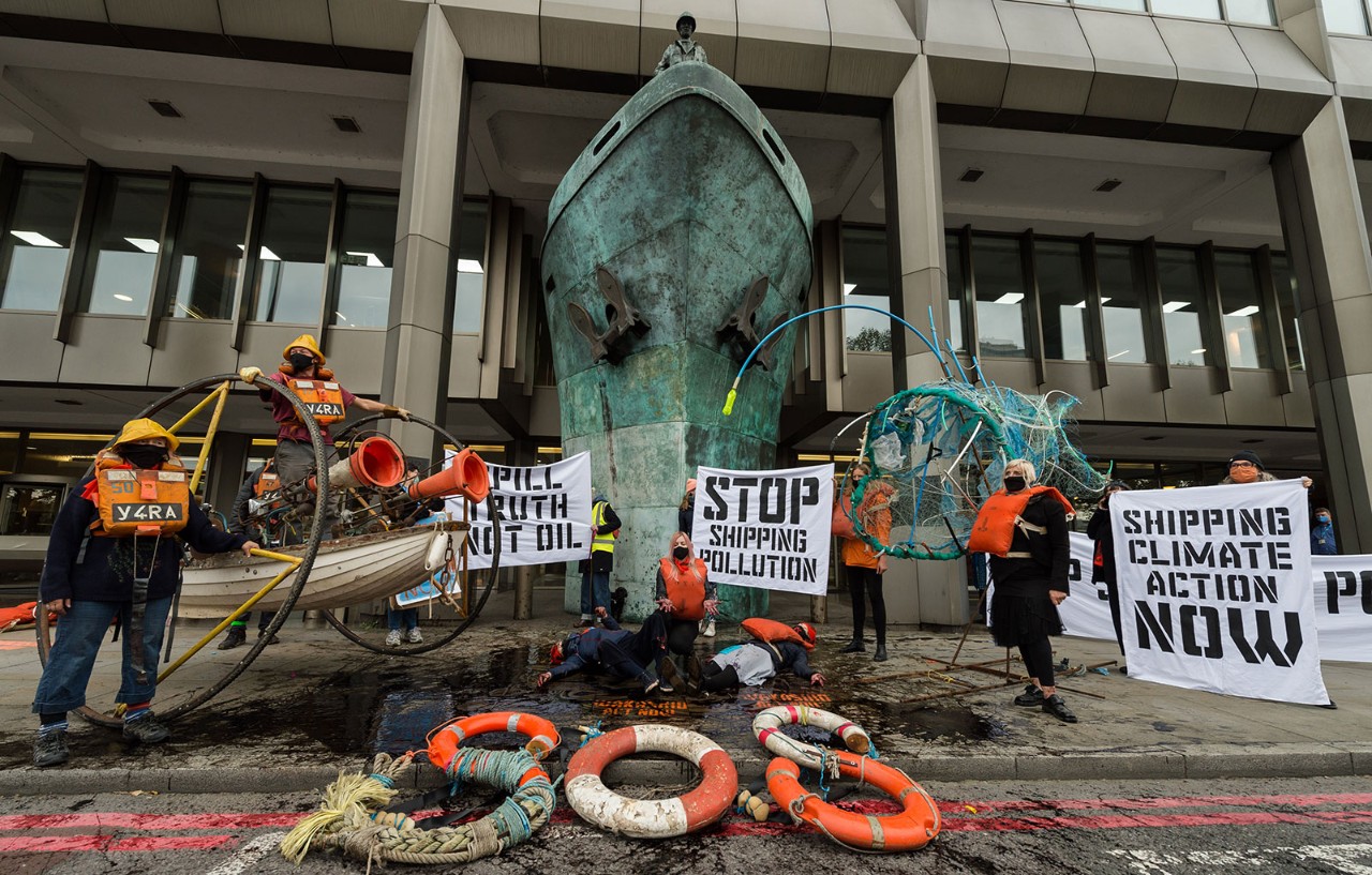 Activists stage a protest outside the UN's International Maritime Organisation in London on the opening day in October of negotiations into the reduction of greenhouse gas emissions from shipping