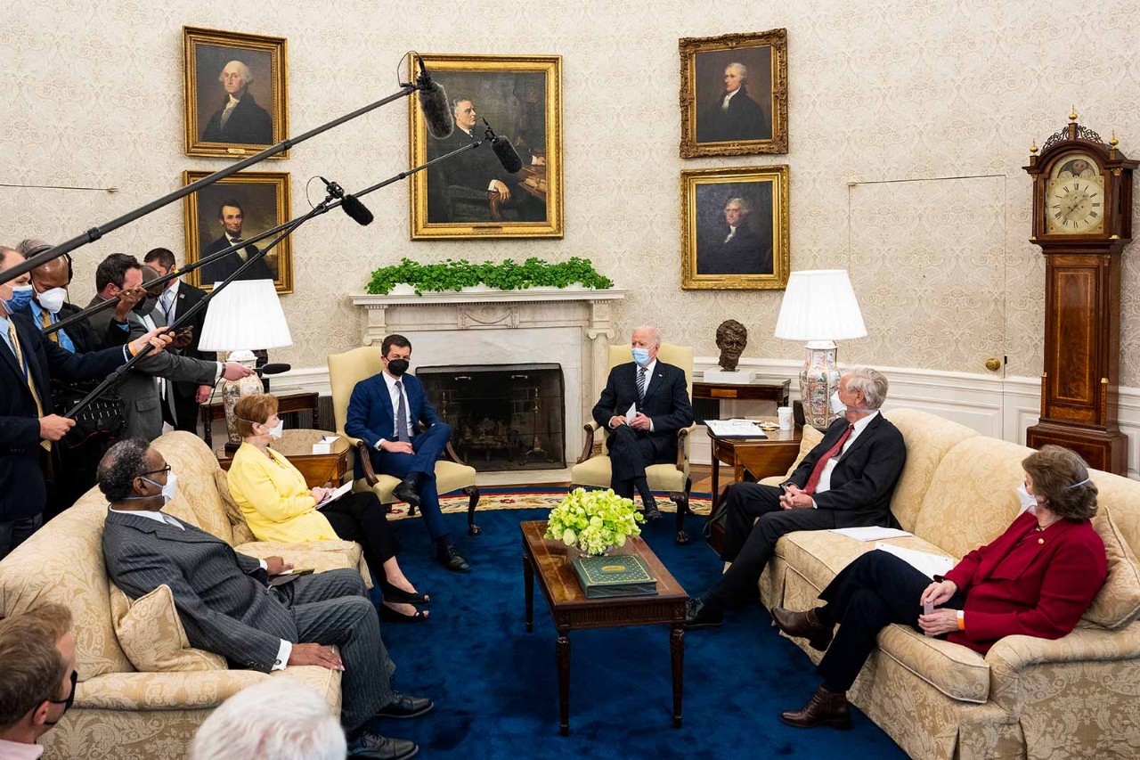 Wipe-out worry: the financial advantages of US companies’ Irish operations could be eliminated by a series of tax measures to pay for the infrastructure and healthcare initiatives of President Biden, seen here discussing his plans with members of Congress