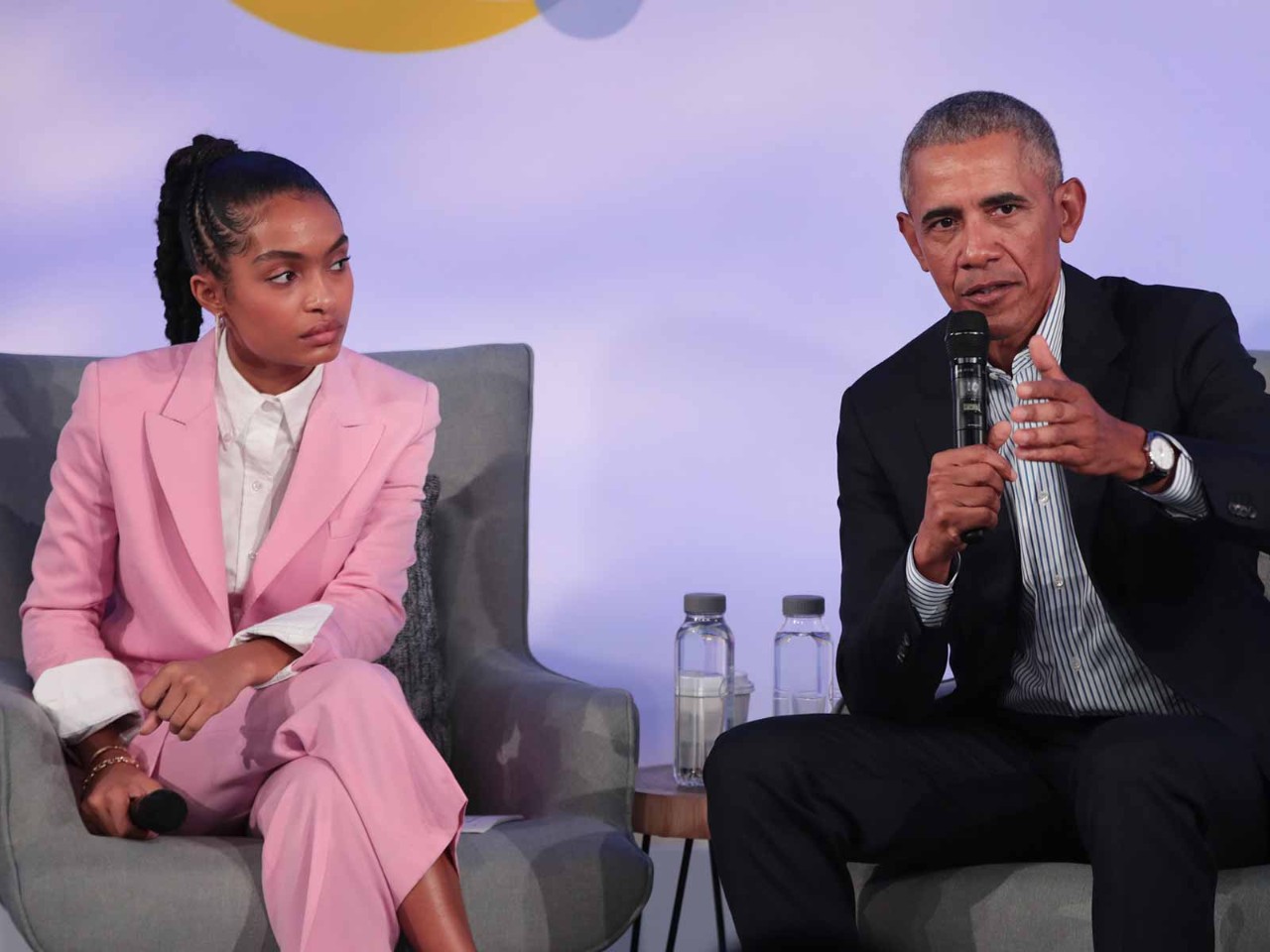 Barack Obama and actress Yara Shahidi speak at the Obama Foundation Summit in 2019 in a session 'Disruption: How Gen Z is taking control'