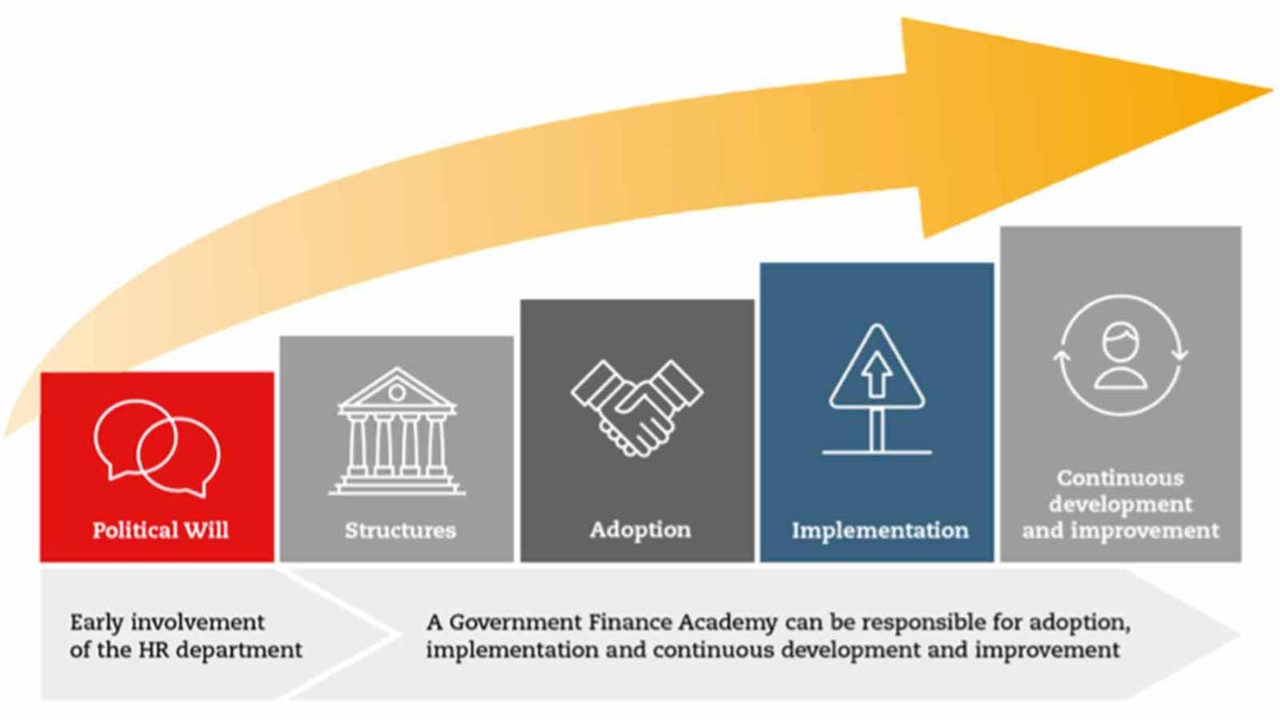 Graphic illustrating professionalism journey: Political will > Structure > Adoption > Implementation > Continuous development and improvement